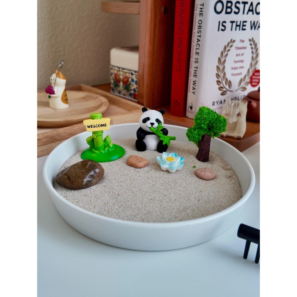 Miniature Panda Zen Garden Kit, Desktop Sand Garden with Tree, Stones